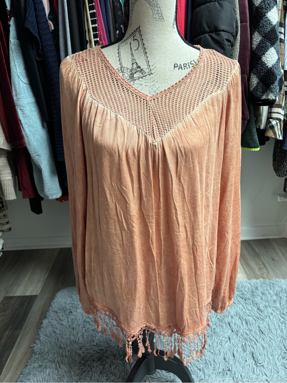 Charlie B Crochet Yoke Tassel Fringe Blouse